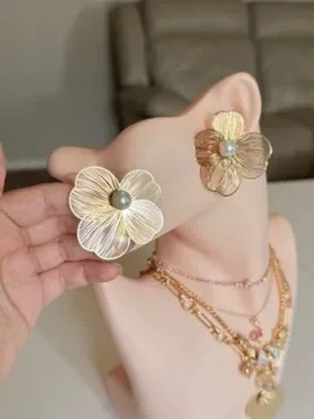 Gold Floral Pearl Statement Earring